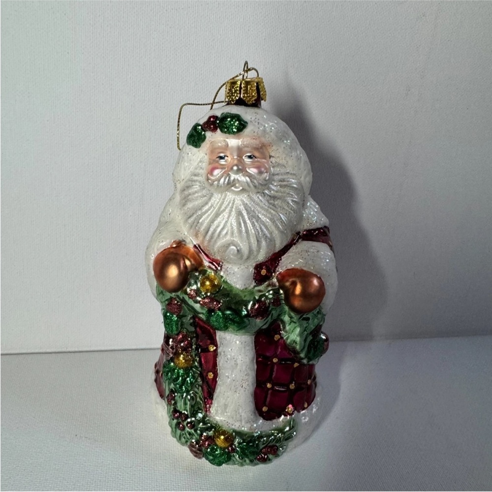 Brass Key Glass Santa Ornament Wreath Coat Glitter 6.5" Vintage Christmas